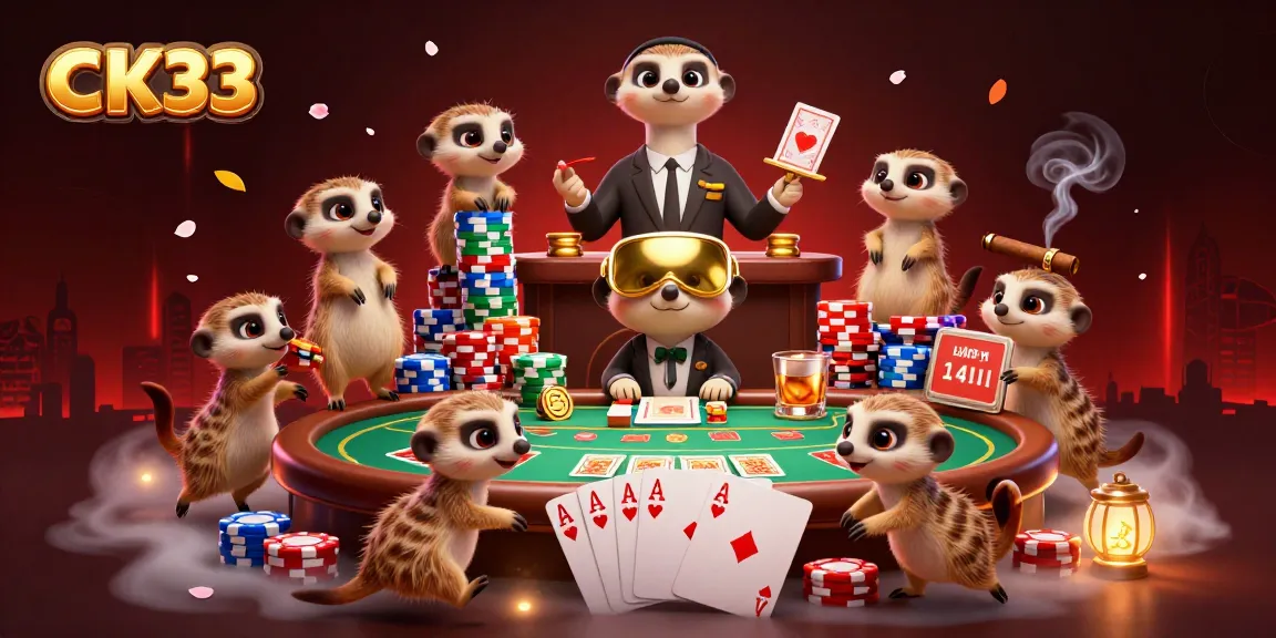 CK33 meerkats engaging in a lively casino scene, showcasing poker tables and colorful chips.