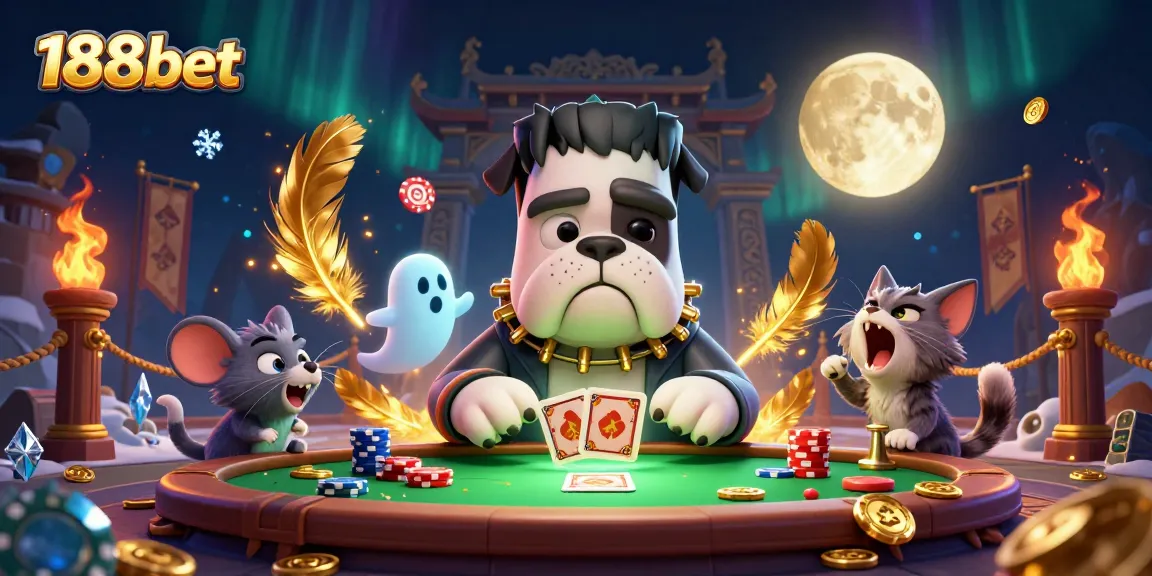188bet gameplay featuring a lively Frankenstein bulldog dealing cards at a spooky table amidst casino elements.