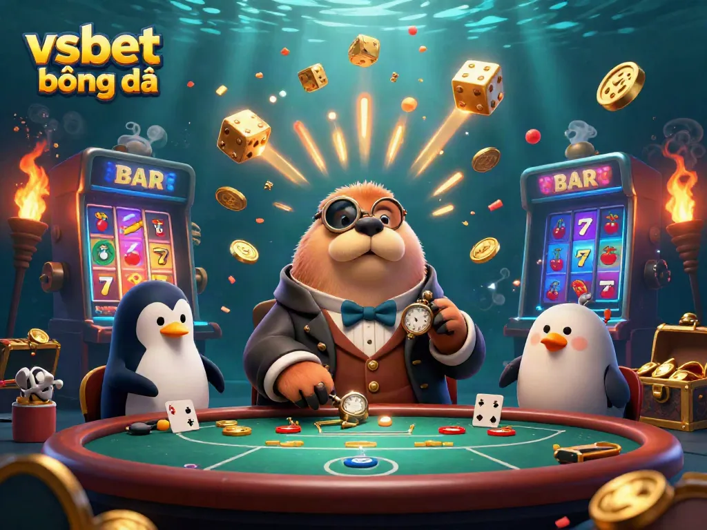 Experience vsbet bóng đá with a vibrant underwater casino scene featuring a walrus playing poker.