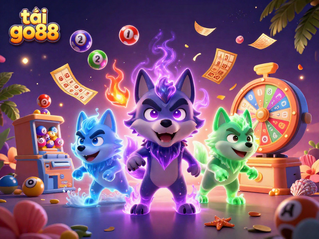 Engage in the thrill of tải go88 with vibrant lottery elements and 3D wolf characters in a dynamic casino scene.