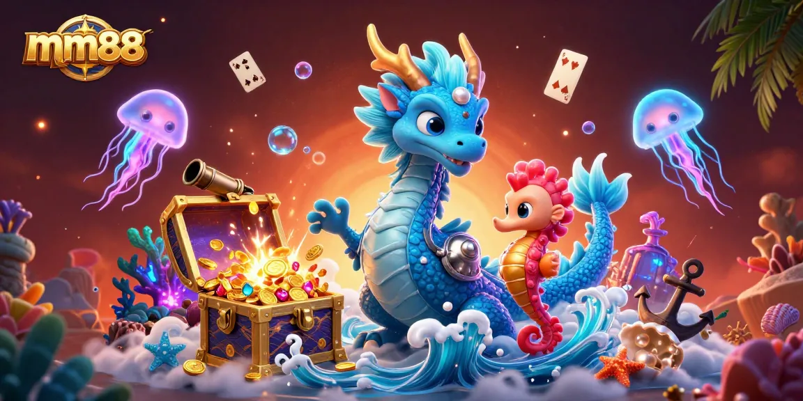Bet on amazing rewards with mm88's exciting gaming illustration featuring a dragon and treasures.