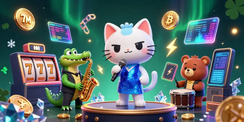 Engaging scene of gaming characters in a vibrant casino atmosphere featuring 7M, exciting slot elements, and neon crypto coins.