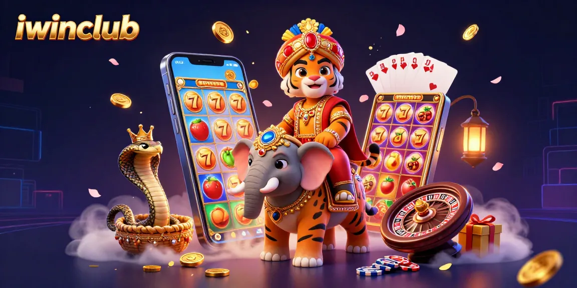 Win big at iwinclub with a vibrant casino-themed illustration showcasing a tiger, elephant, and cobra.