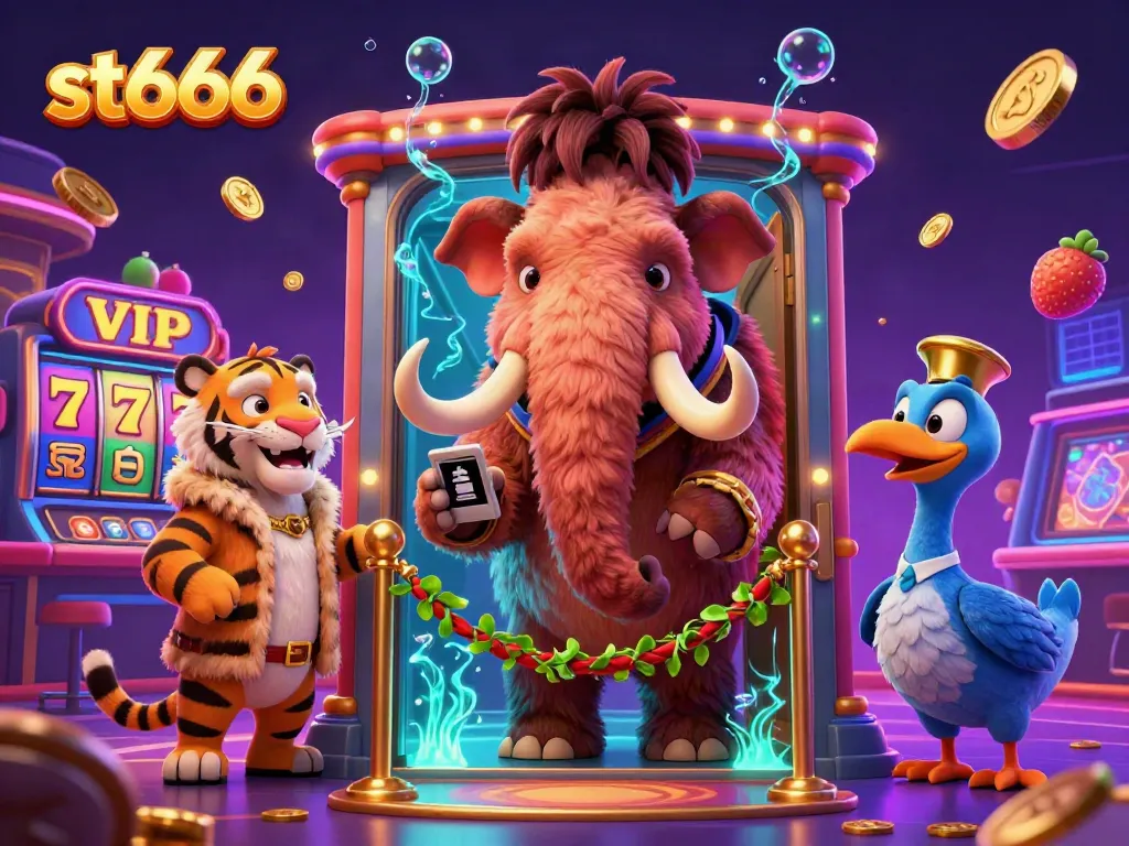 Experience the vibrant st666 casino atmosphere with a cartoon mammoth bouncer and spinning slot reels.