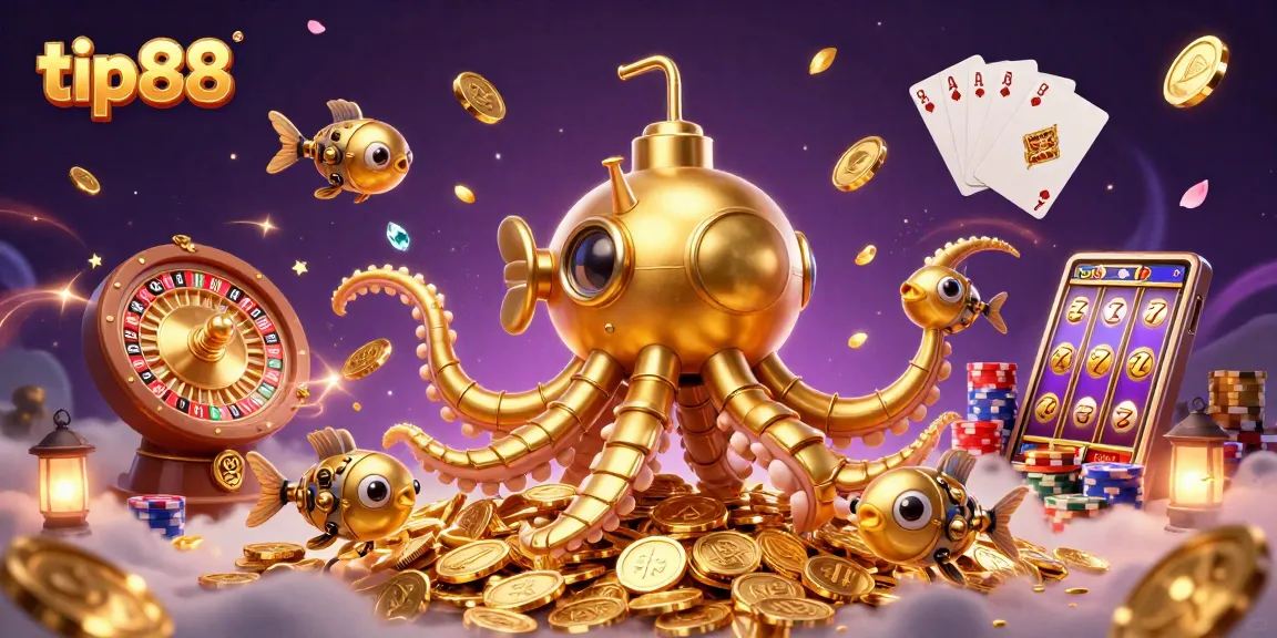 Win big at tip88 with a vibrant 3D casino illustration featuring golden coins and games.