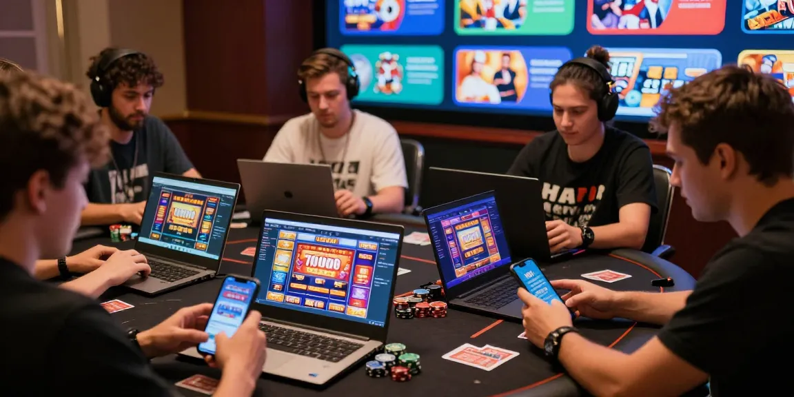 Engaging online gaming scene with slot7000 platform displayed on devices, diverse players enjoying interactive experience.