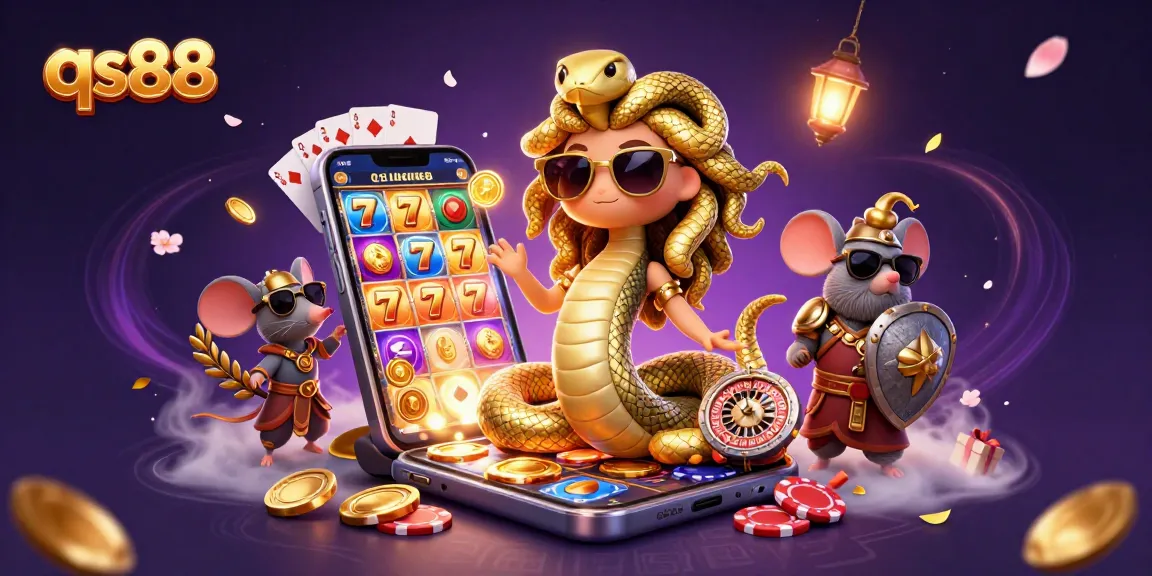 Celebrate wins at qs88 with a friendly Medusa and a warrior mouse in a vibrant casino scene.