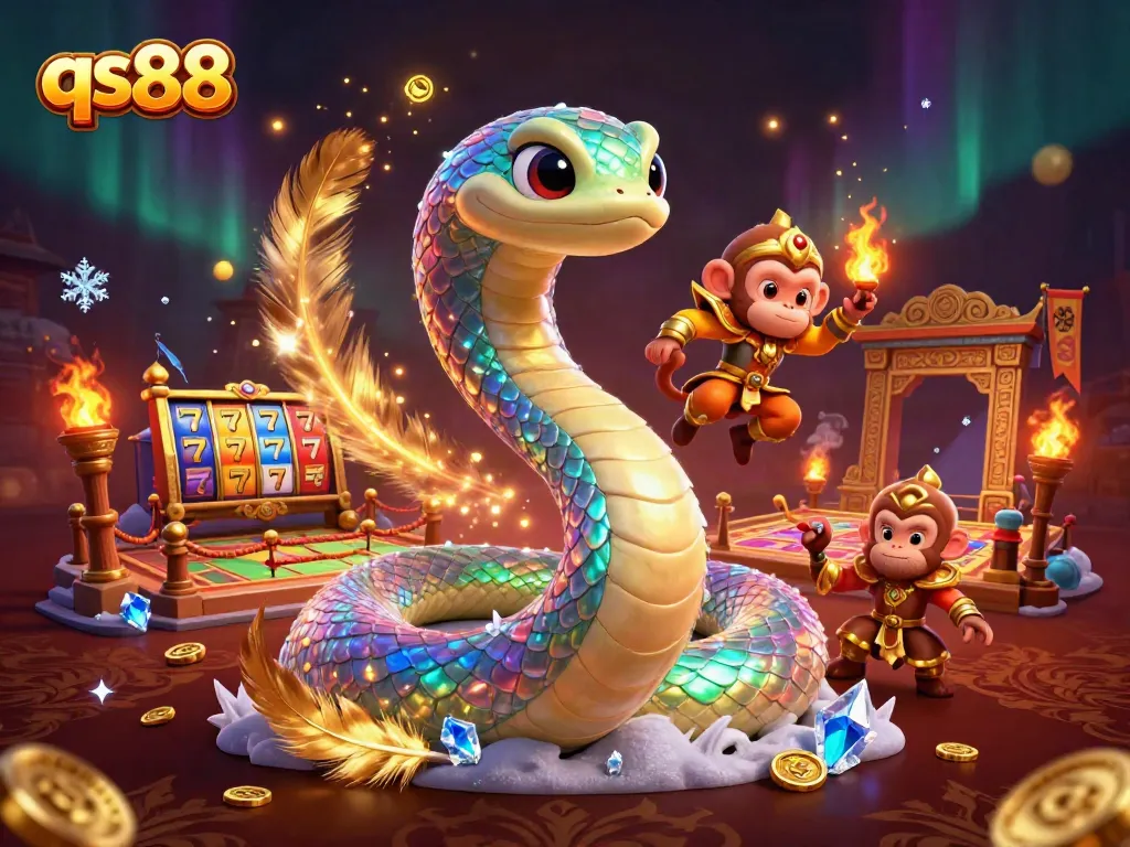 qs88 spins vibrant slots and wins with a joyous monkey king and a colorful serpent.