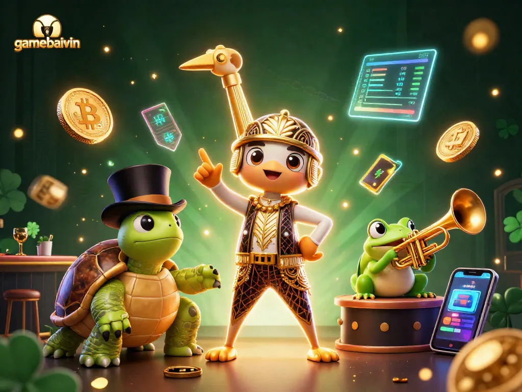 Engage with gamebaivin at the vibrant speakeasy, featuring animated characters and crypto elements.