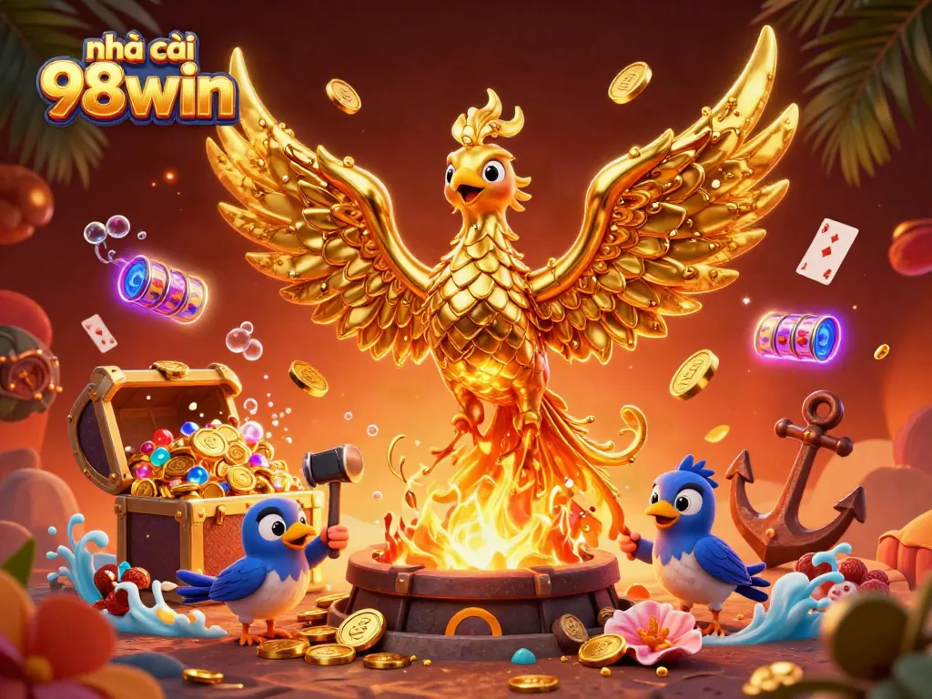 Experience thrilling gameplay with nhà cái 98win's golden phoenix and treasures in a vibrant casino scene.