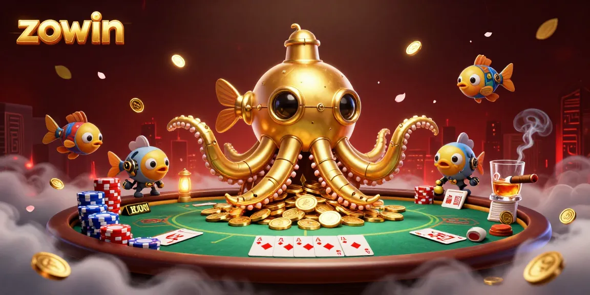 Experience the excitement of zowin with a vibrant underwater casino scene featuring golden kraken and poker elements.