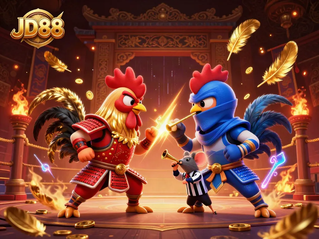 Engage with thrilling JD88 action featuring samurai and ninja roosters in an epic fight.