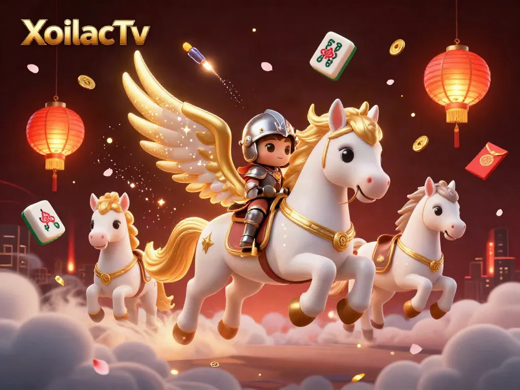 XoilacTv offers exciting online betting experiences with a vibrant illustration of a celestial horse and dynamic gambling elements.