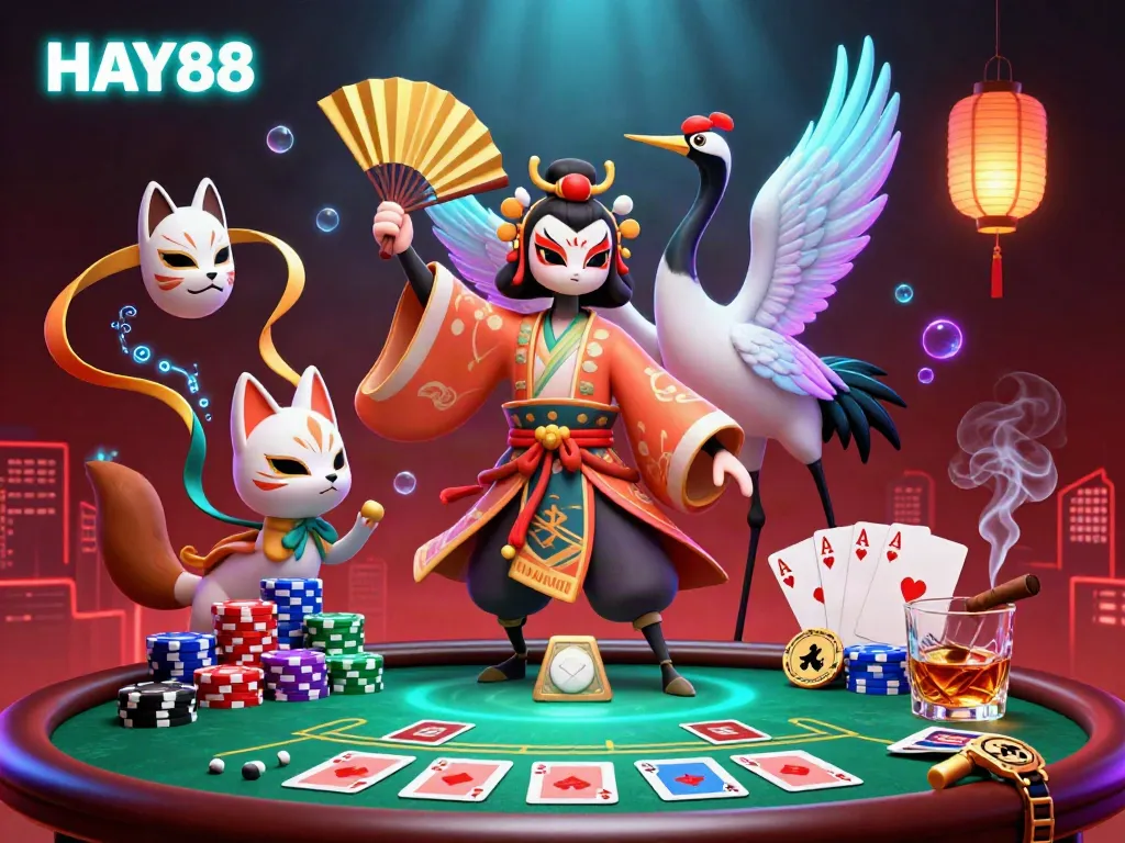 Engage with HAY88 in a vibrant 3D casino universe featuring dynamic poker elements.