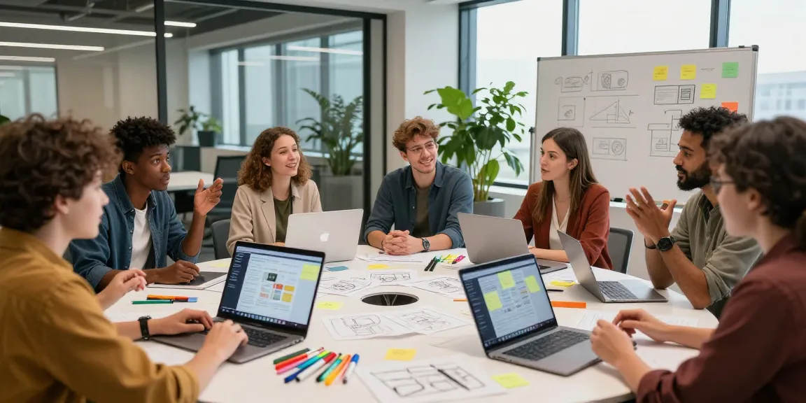 Creative team collaborating using google mixboard on a vibrant office canvas.