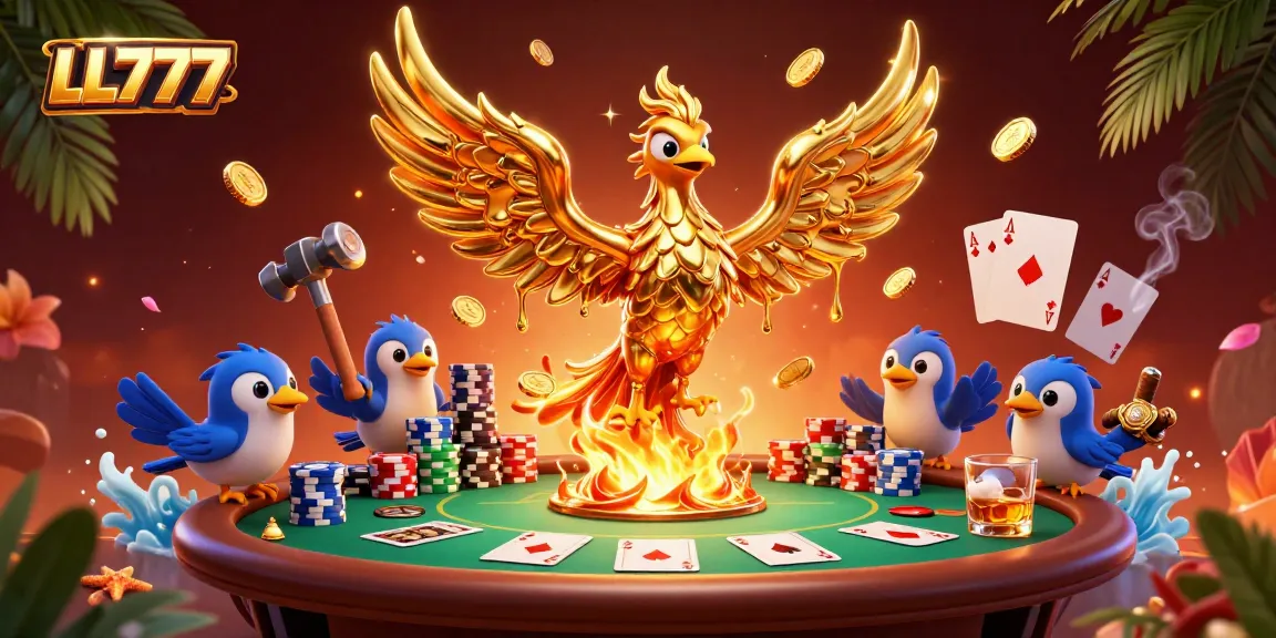 Experience thrilling gameplay with LL777 as the golden phoenix emerges amid poker elements, signifying wealth.