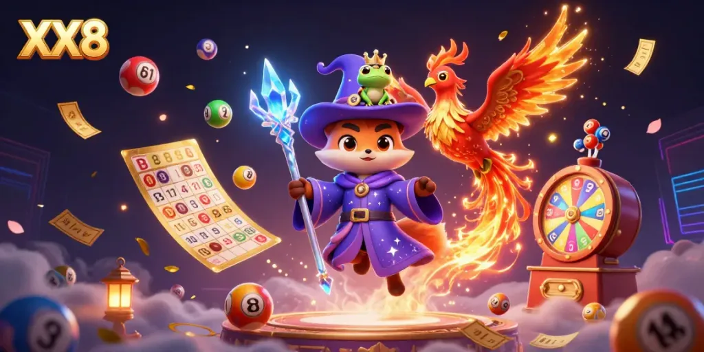 Engage with the vibrant world of XX8 as a mystical wizard fox conjures luck amidst exploding colors and sparkling elements.