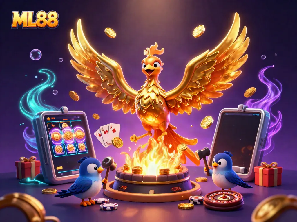 Experience the excitement of ML88 with captivating visuals of golden phoenix and dynamic casino elements.