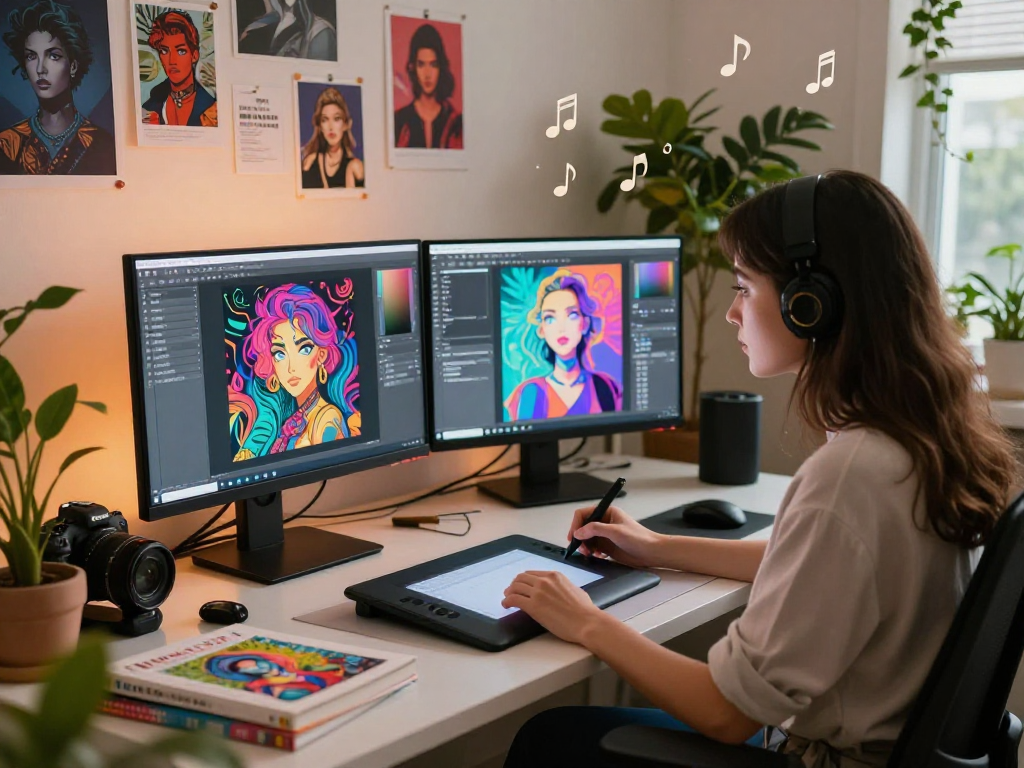Artist creating NSFW AI digital art in a vibrant studio with graphics tools and design inspirations.