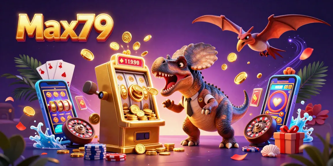 Max79 captures an exciting jackpot moment with a dinosaur theme in a dynamic casino scene.