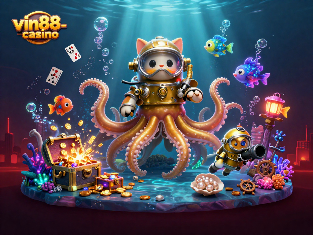 Engage with vin88-casino through a thrilling 3D scene of a kraken and diving cat amidst underwater treasures.