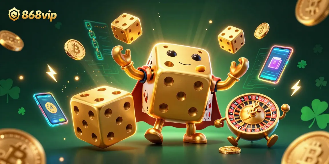 Engage with 868vip through a vibrant 3D illustration of golden dice and crypto elements in a casino scene.