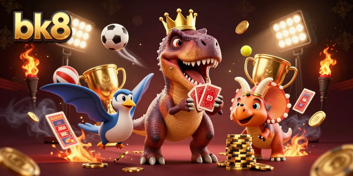 Engage with bk8's thrilling atmosphere through a 3D cartoon scene featuring a playful T-Rex shuffling cards.
