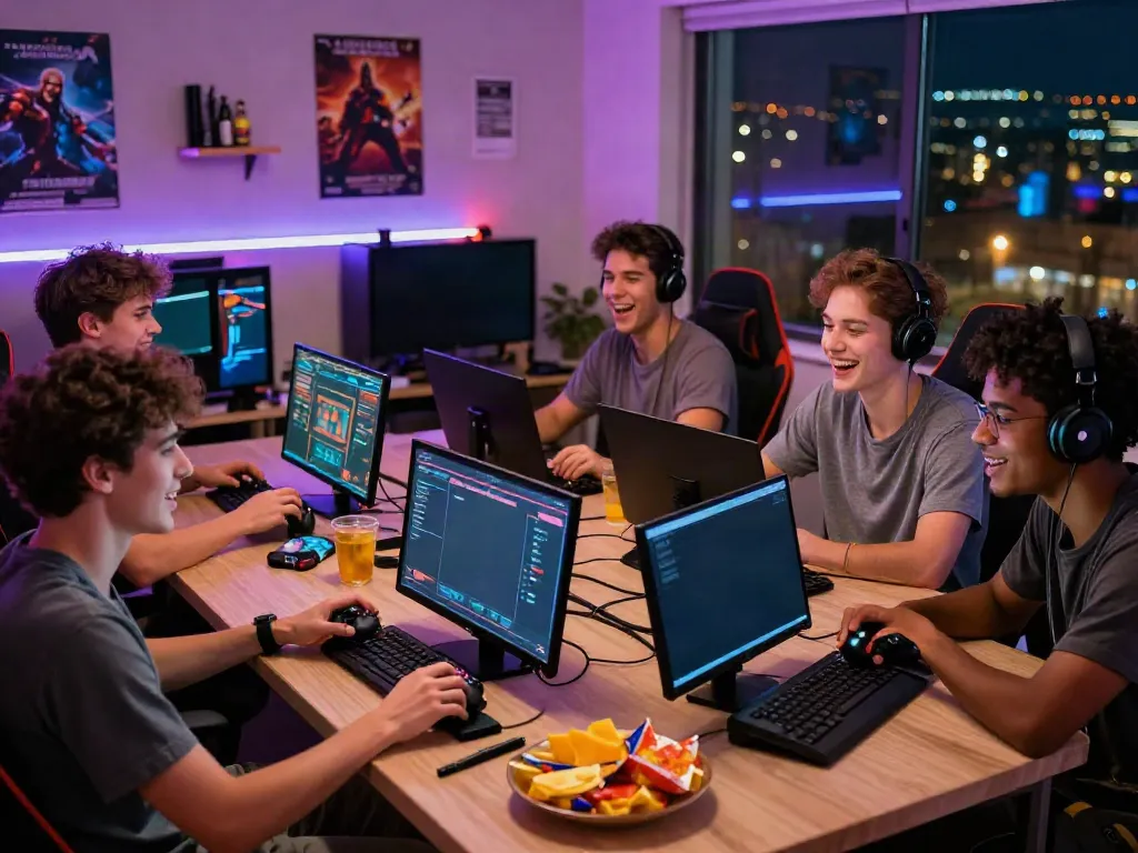 Engaged friends playing online games at TX88, showcasing vibrant gaming setup and exciting atmosphere.