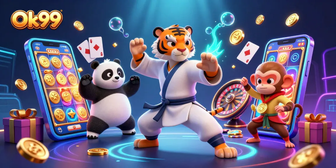 Engage in exciting gaming action at Ok99 as the cartoon kung fu tiger performs a crane stance amid vibrant casino elements.