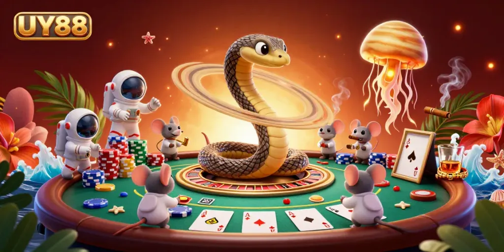 Place bets in a thrilling casino scene featuring UY88 with vibrant characters and colorful gaming elements.