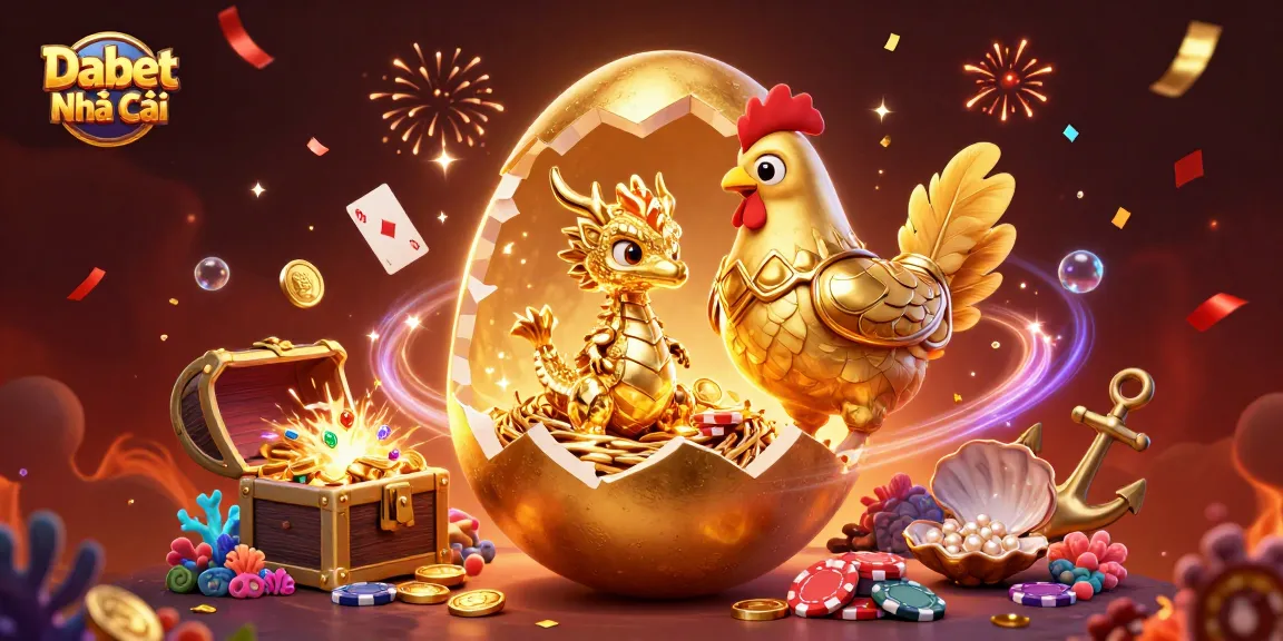 Dabet Nhà cái showcases a captivating golden dragon surrounded by poker chips and casino elements.