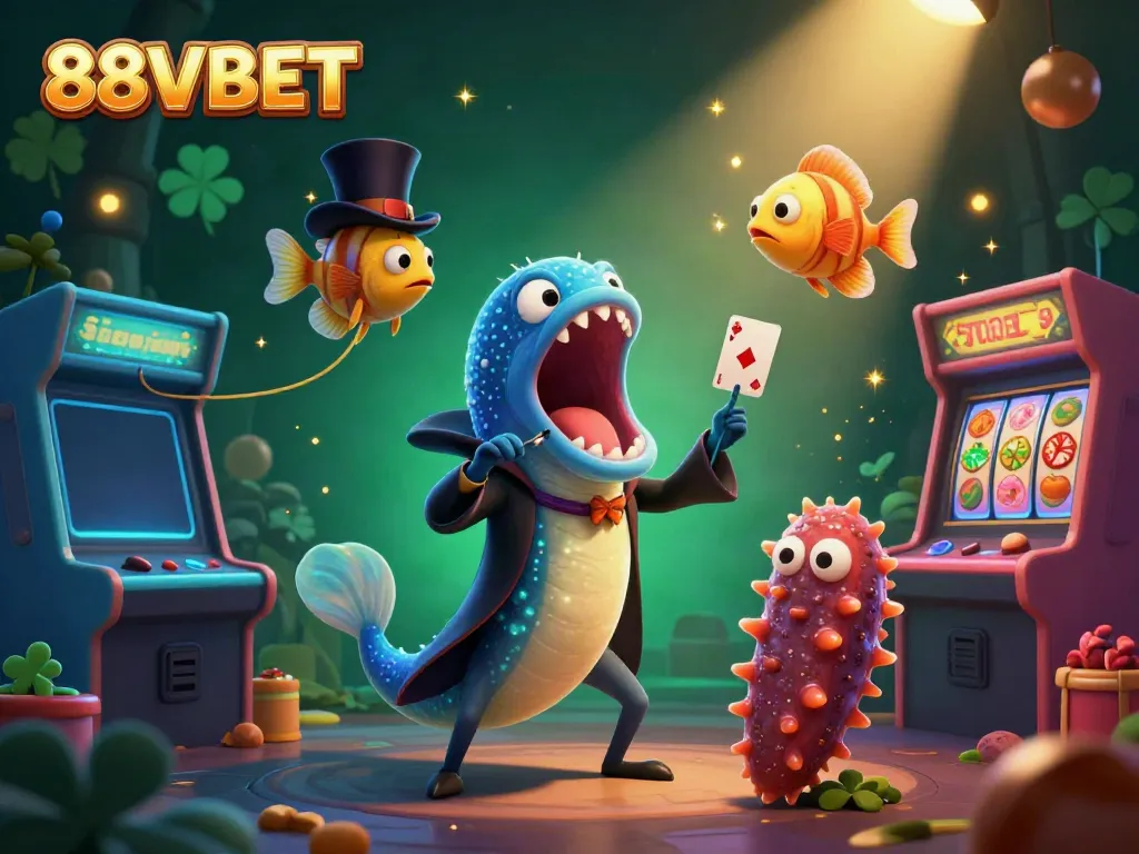 Immerse in a vibrant 88VBET scene featuring a gulper eel performing card tricks amid casino elements.