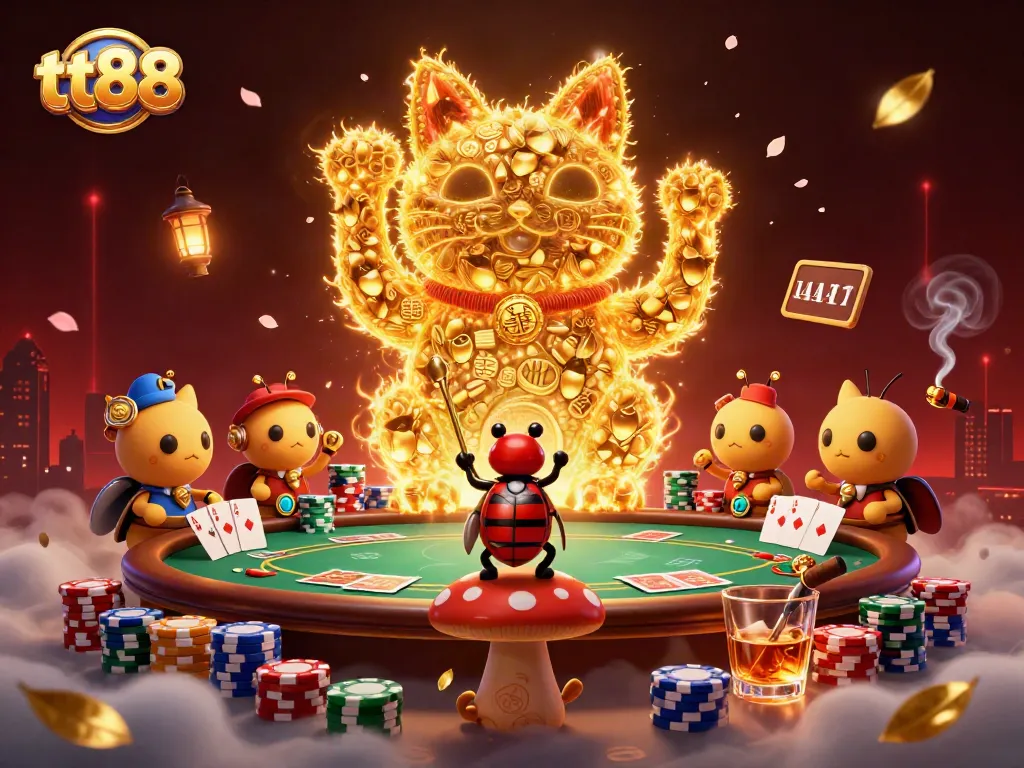 Experience the excitement of tt88 casino as golden fireflies form a lucky cat amidst vibrant poker elements.