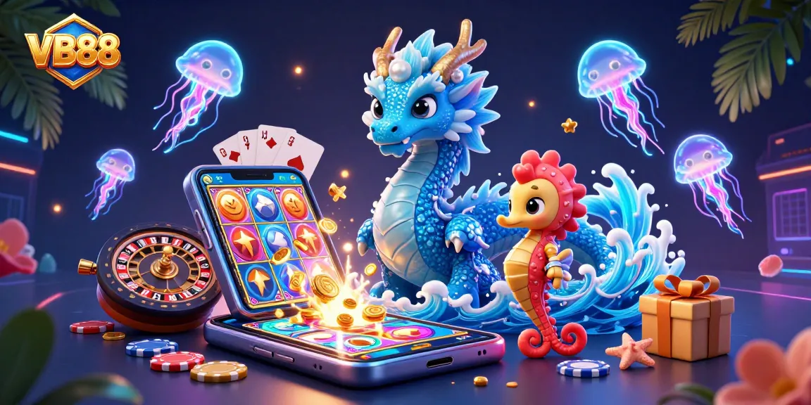 Experience the excitement of VB88 with a vibrant 3D casino scene including a water dragon, seahorse knight, and slot games.