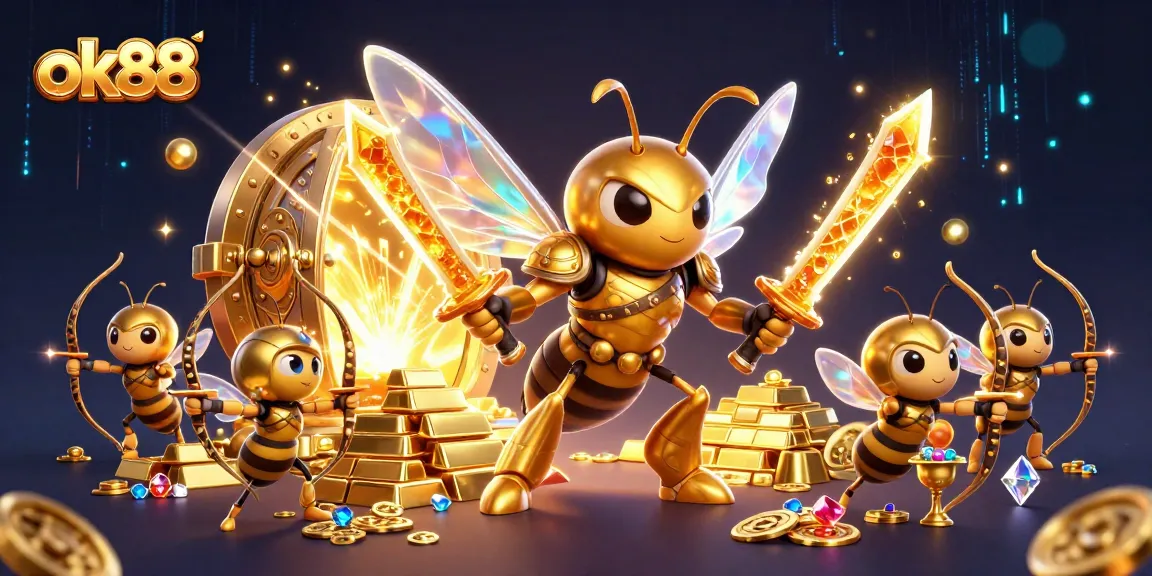 Experience excitement with ok88 as the giant hornet leads a treasure hunt in this vibrant casino scene.