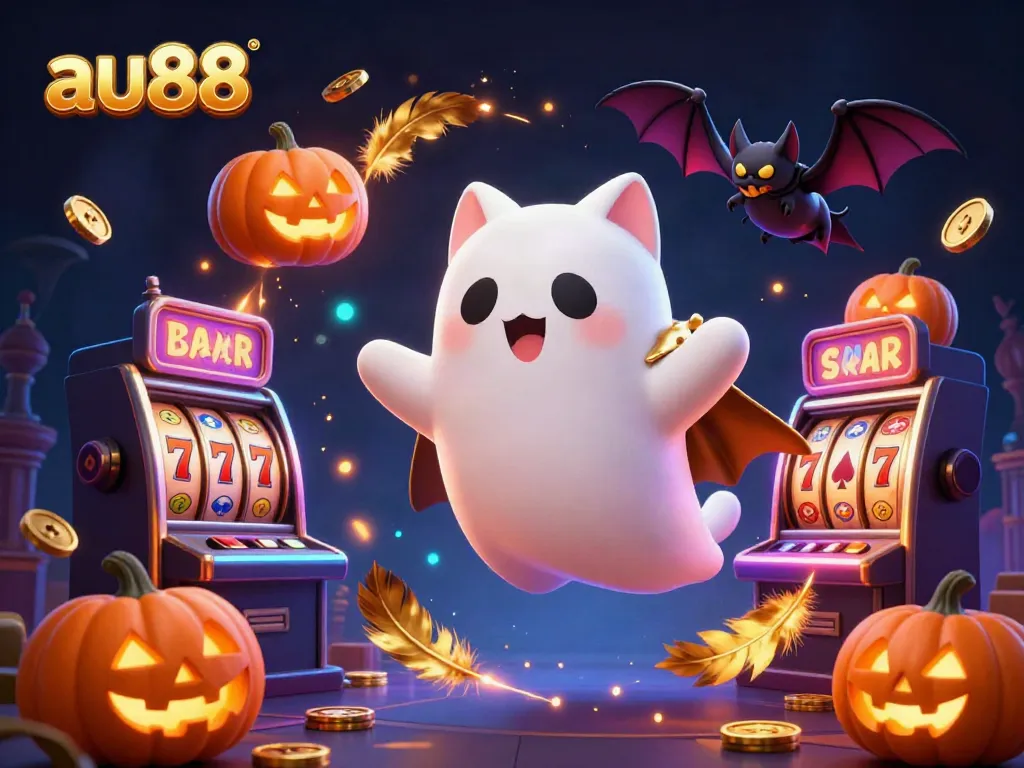 Experience excitement at au88 with a friendly ghost cat and vibrant gambling elements.
