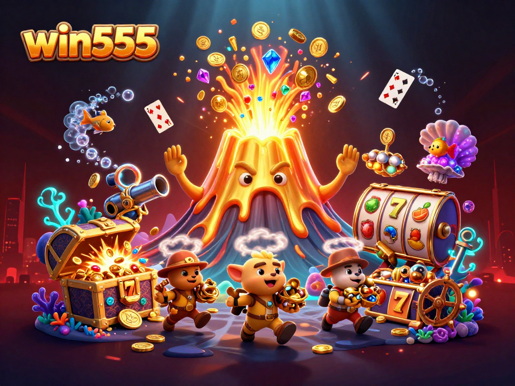 Win555's lively slot scene with a golden volcano, treasure elements, and vibrant gaming action