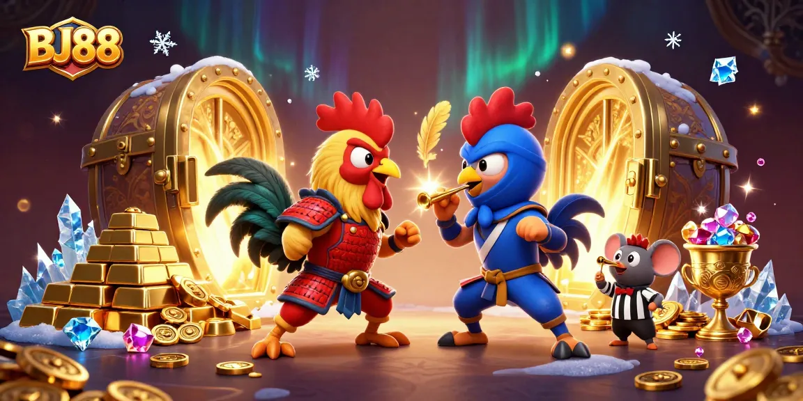 BJ88 showcases a thrilling standoff of cartoon roosters amid dazzling casino riches.