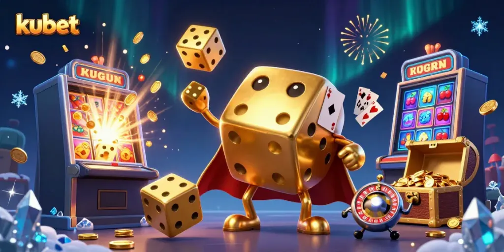 Engage in thrilling kubet casino games with a dazzling scene of golden dice and slot machines.