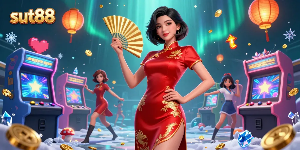 Sut88 showcases a vibrant gaming scene with an Asian woman in traditional dress surrounded by casino elements.
