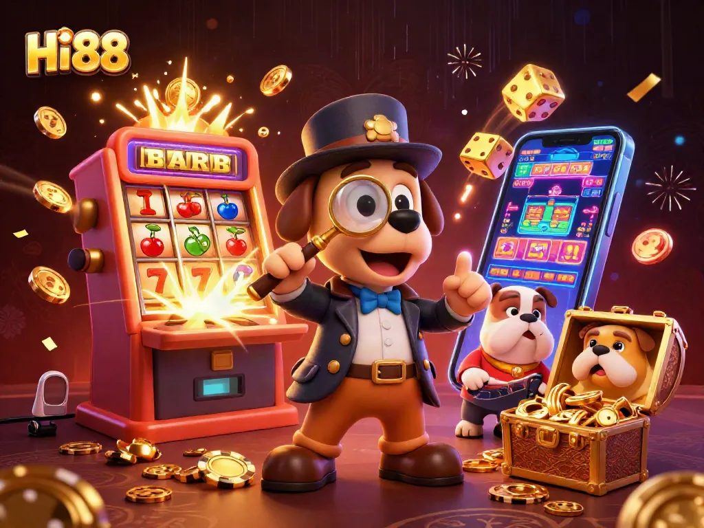 Experience Hi 88's thrilling casino adventure with a cartoon detective exploring poker and slot treasures.
