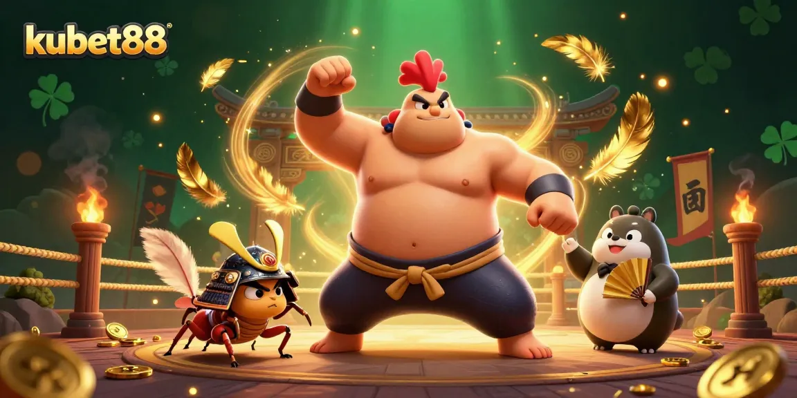 Experience thrilling gameplay at kubet88 with a sumo rooster, fierce samurai cricket, and tanuki announcer in an action-packed casino scene.
