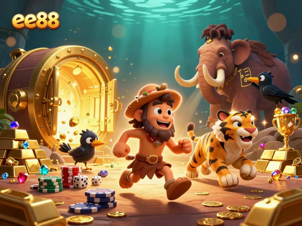 Experience thrilling games at ee88 as cavemen and tigers delight in a prehistoric casino.