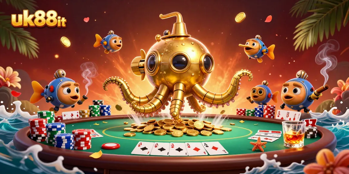 Experience thrilling gameplay at uk88it with a vibrant illustration featuring a golden kraken submarine amidst golden coins and poker elements.
