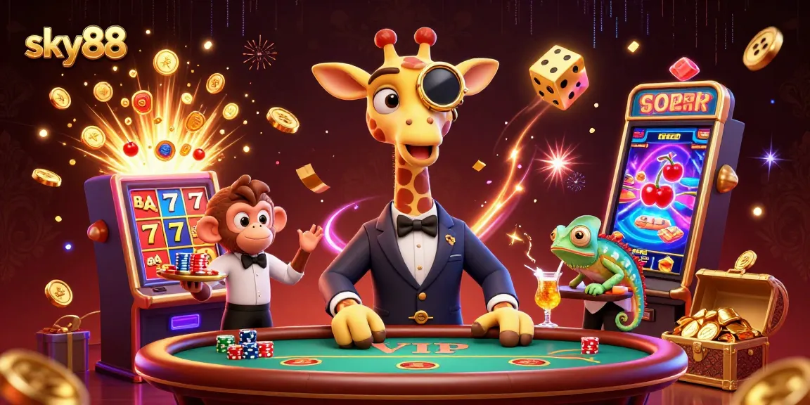 Win big at sky88 with a vibrant 3D scene featuring high-roller giraffe and casino games.