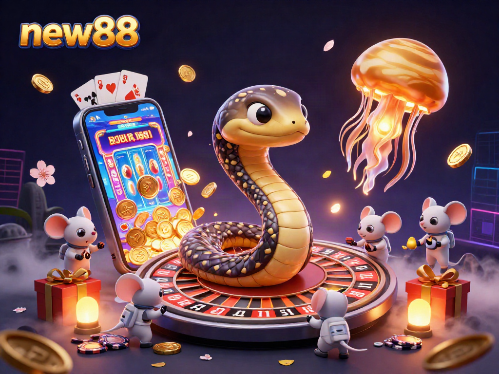 Experience new88's thrilling casino action with a vibrant scene of games and betting.