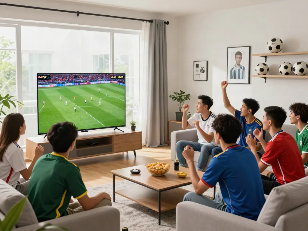 Friends enjoying football on Gavangtv, surrounded by snacks and team spirit.