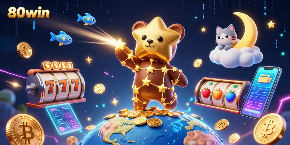 Engage with the 80win universe featuring vibrant games, coins, and starry characters in a lively casino scene.