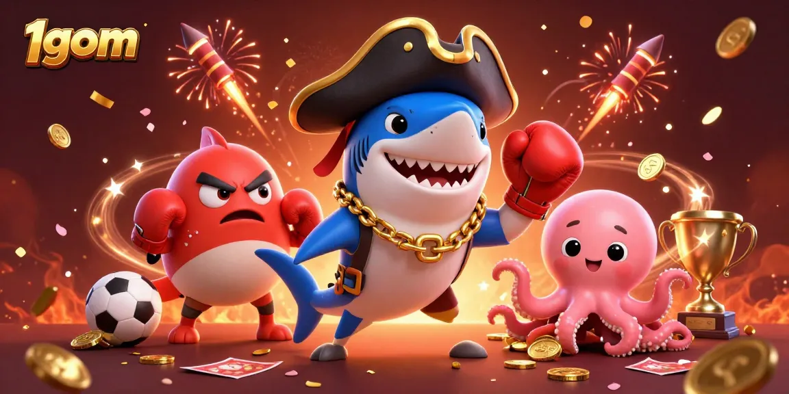 Experience thrilling sports betting with 1gom, featuring vibrant cartoon characters and festive elements.