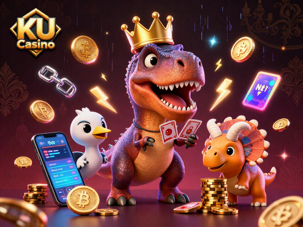 Engage in excitement at KU Casino with T-Rex, pterodactyl, and triceratops amid dazzling crypto elements.